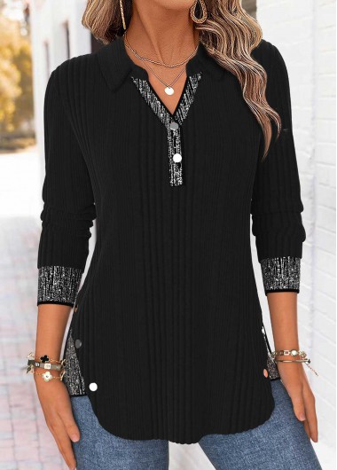 women clothes image of Black Patchwork Long Sleeve Shirt Collar Blouse