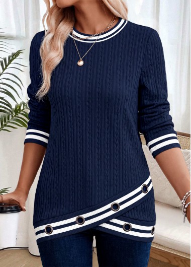 women clothes image of Navy Eyelet Long Sleeve Round Neck Sweatshirt