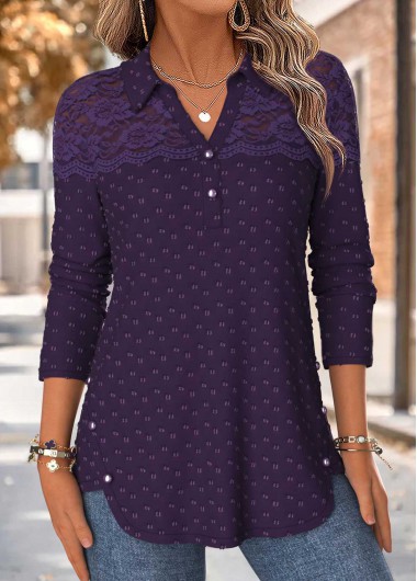 women clothes image of Purple Patchwork Long Sleeve Shirt Collar Blouse