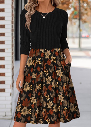 women clothes image of Black Leaf Print Short Tummy Coverage Long Sleeve Dress