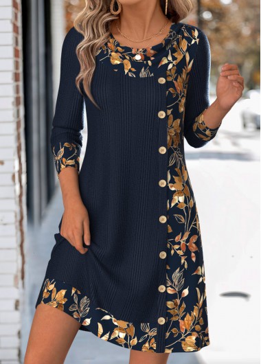 women clothes image of Navy Leaf Print Short Patchwork Long Sleeve Dress