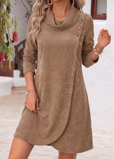 women clothes image of Dark Camel Short Tummy Coverage Long Sleeve Dress