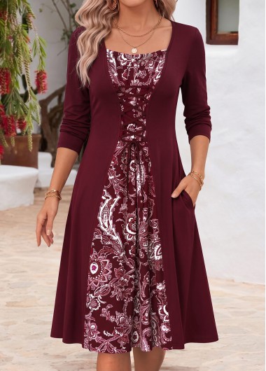 women clothes image of Deep Red Tribal Print Short Double Side Pockets Dress