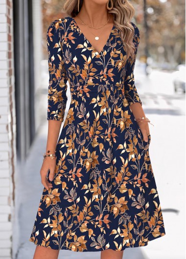 women clothes image of Navy Leaf Print Shirred Long Sleeve V Neck Dress