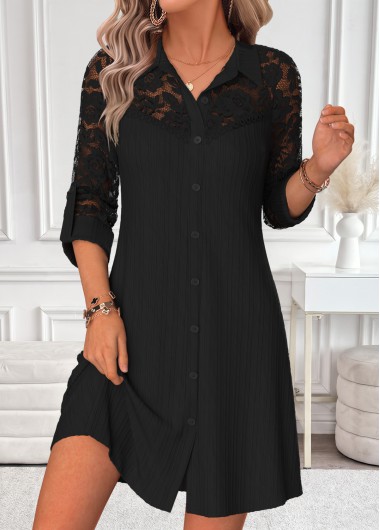 women clothes image of Black Short Patchwork Long Sleeve Shirt Collar Dress