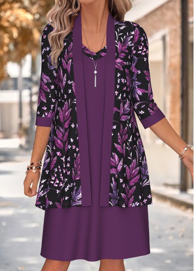 women clothes image of Dusty Purple Leaf Print Two-piece Dress and Cardigan