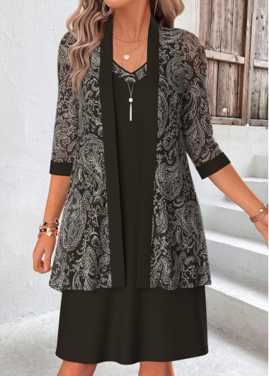women clothes image of Olive Green Paisley Print Two-piece Dress and Cardigan
