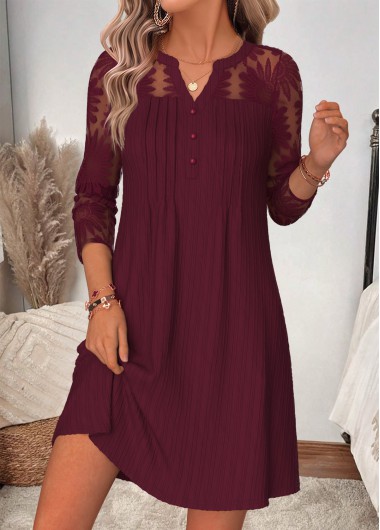 women clothes image of Wine Red Short Patchwork Long Sleeve Split Neck Dress