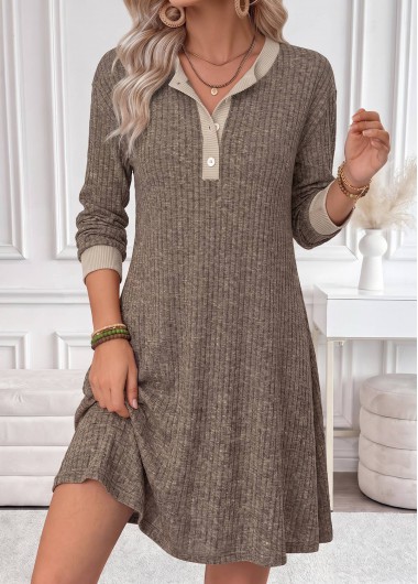 women clothes image of Gray Brown Short Patchwork Long Sleeve Split Neck Dress
