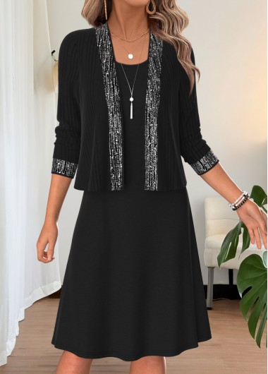 women clothes image of Black Two-piece Long Sleeve Round Neck Dress and Cardigan