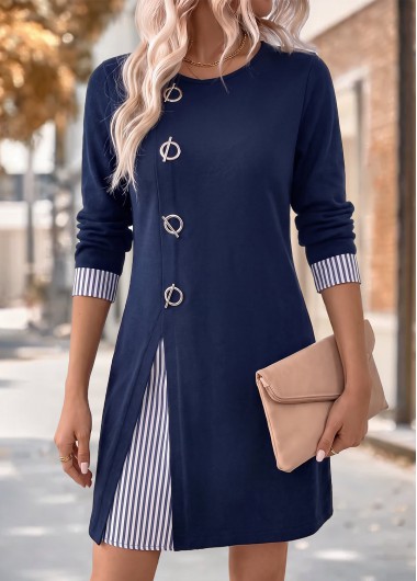 women clothes image of Navy Striped Short Fake 2in1 Long Sleeve Dress