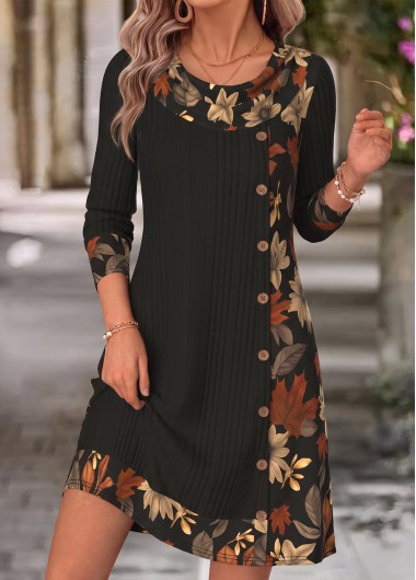 women clothes image of Black Leaf Print Short Patchwork Long Sleeve Dress