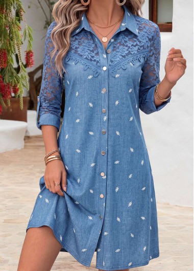 women clothes image of Denim Blue Leaf Print Patchwork Long Sleeve Dress
