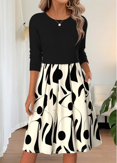 women clothes image of Black Geometric Print Pleated Long Sleeve Round Neck Dress