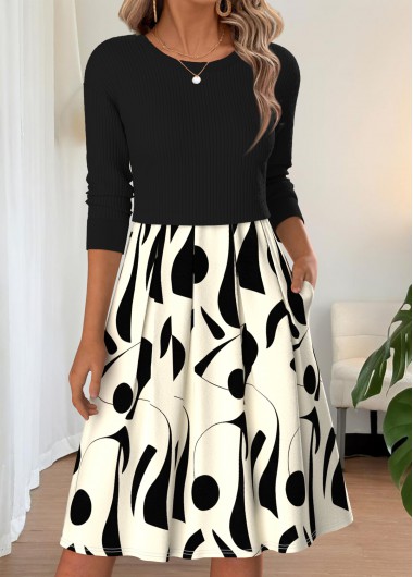 women clothes image of Black Geometric Print Pleated Long Sleeve Round Neck Dress