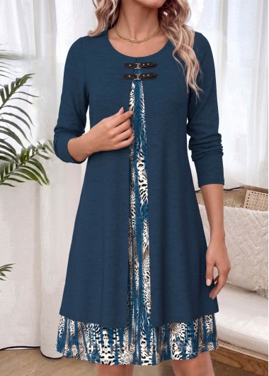 women clothes image of Peacock Blue Leopard Fake 2in1 Long Sleeve Dress