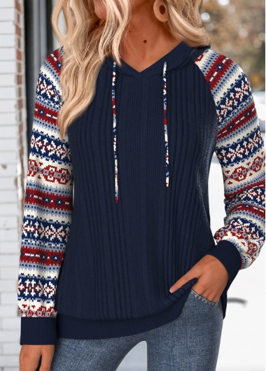 women clothes image of Navy Tribal Print Long Sleeve Hoodie