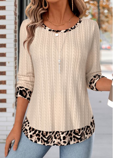 women clothes image of Skin Color Leopard Fake 2in1 Long Sleeve T Shirt