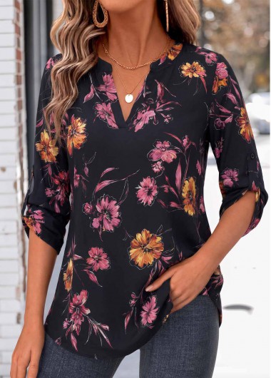 women clothes image of Black Floral Print Curved Hem Long Sleeve Shirt