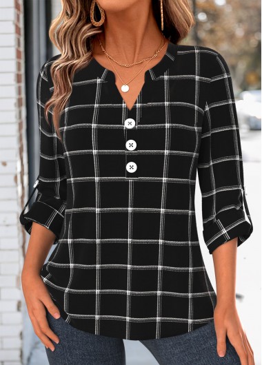 women clothes image of Black Plaid Tummy Coverage Long Sleeve Split Neck Shirt