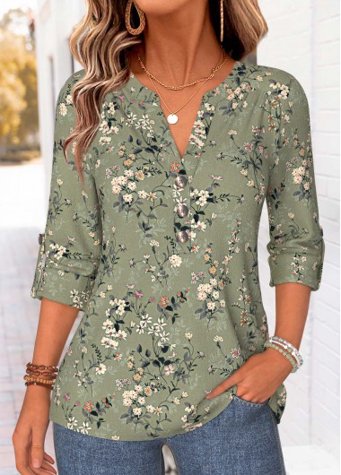 women clothes image of Green Floral Print Shirred Long Sleeve Split Neck Blouse