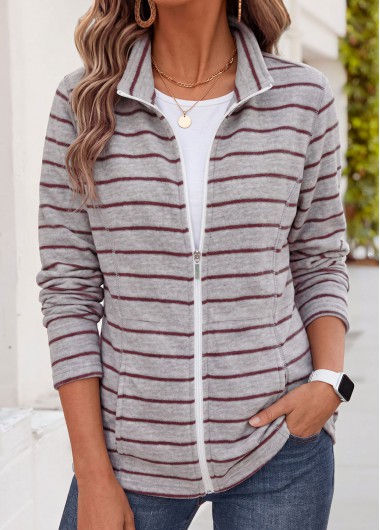 women clothes image of Light Coffee Striped Double Side Pockets Long Sleeve Sweatshirt