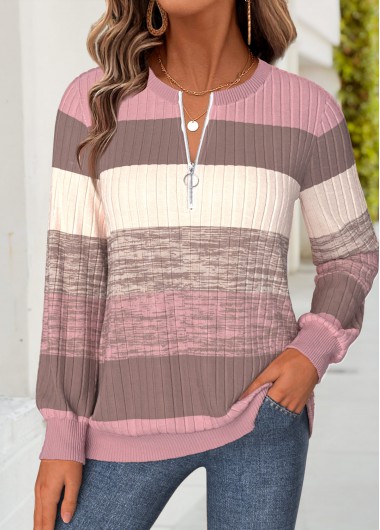 women clothes image of Pink Striped Tummy Coverage Long Sleeve Round Neck Sweatshirt