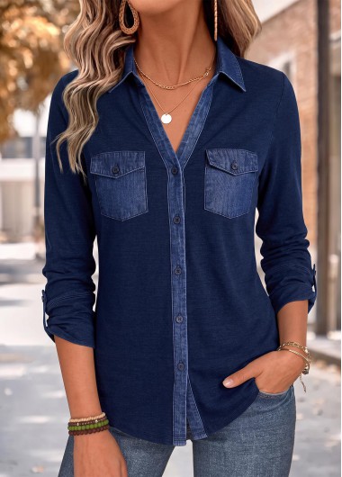 women clothes image of Navy Curved Hem Long Sleeve Shirt Collar Blouse