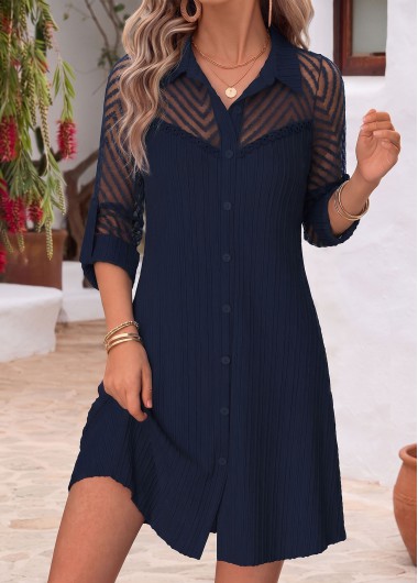 women clothes image of Navy Short Patchwork Long Sleeve Shirt Collar Dress