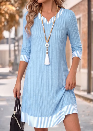 women clothes image of Light Blue Striped Patchwork Long Sleeve Split Neck Dress