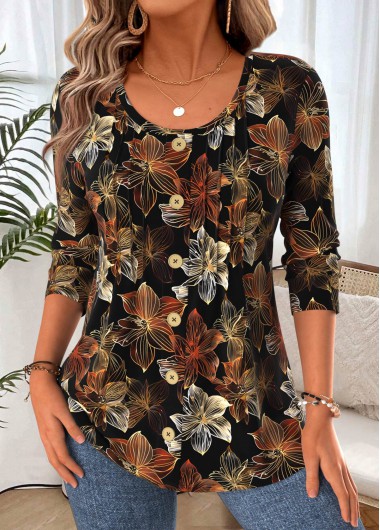 women clothes image of Black Floral Print Curved Hem Long Sleeve T Shirt
