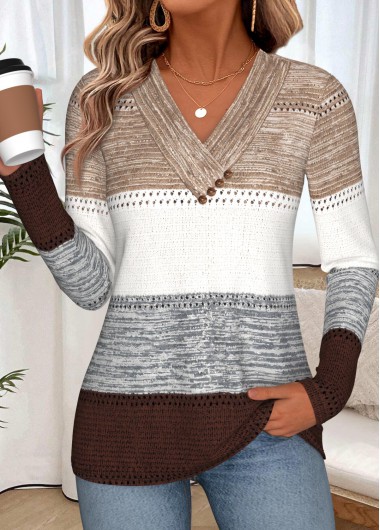 women clothes image of Light Coffee Striped Shirred Long Sleeve T Shirt