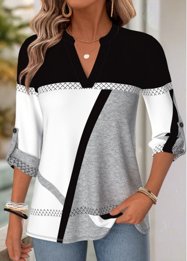 women clothes image of Black Geometric Print Button Long Sleeve Split Neck Blouse