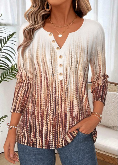 women clothes image of Light Coffee Geometric Print Button Long Sleeve T Shirt