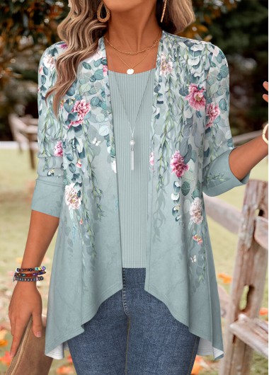 women clothes image of Green Floral Print Long Sleeve Fake Two Piece Twinset
