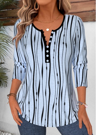 women clothes image of Light Blue Striped Curved Hem Long Sleeve T Shirt