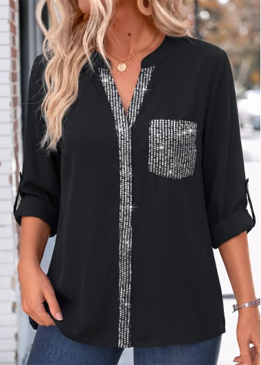 women clothes image of Black Patchwork Long Sleeve Split Neck Shirt