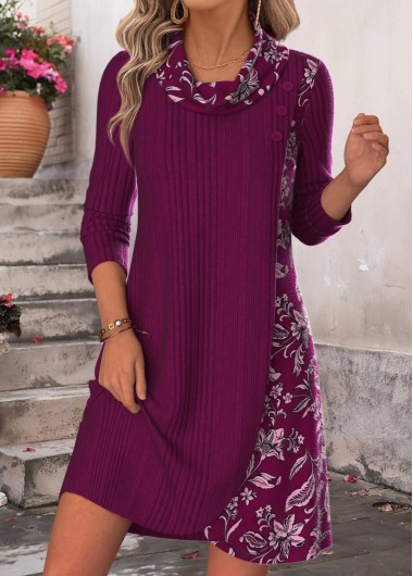 women clothes image of Purple Tribal Print Short Patchwork Long Sleeve Dress