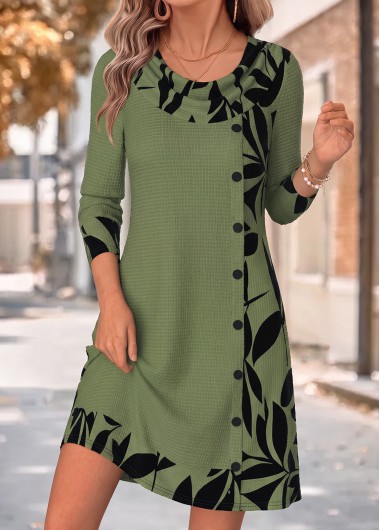 women clothes image of Sage Green Leaf Print Short Patchwork Long Sleeve Dress