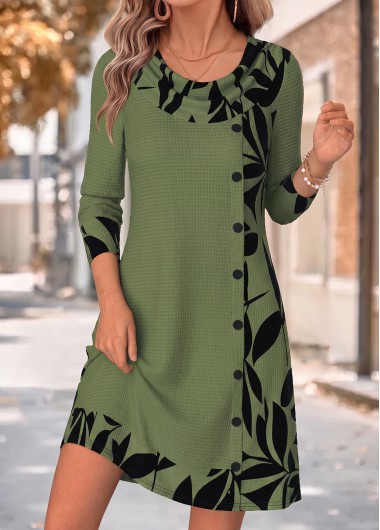 women clothes image of Sage Green Leaf Print Short Patchwork Long Sleeve Dress