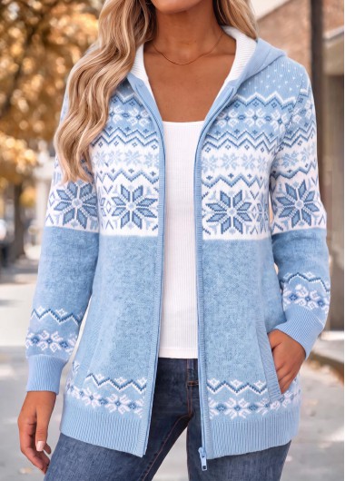 women clothes image of Light Blue Double Side Pockets Snowflake Print Hooded Coat