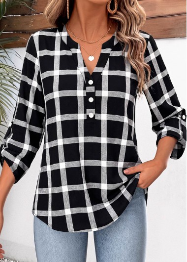 women clothes image of Black Plaid Curved Hem 3/4 Sleeve Split Neck Blouse