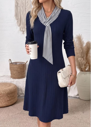 women clothes image of Navy Striped Patchwork Long Sleeve Asymmetrical Neck Dress