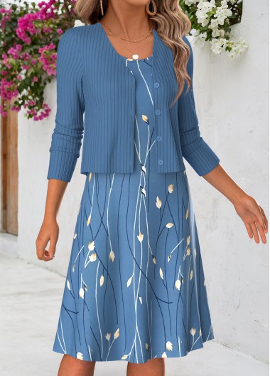 women clothes image of Dusty Blue Floral Print Two-piece Dress and Cardigan