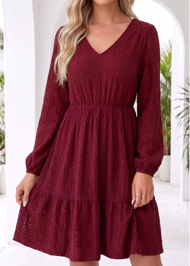 women clothes image of Wine Red Short Tummy Coverage Long Sleeve Dress