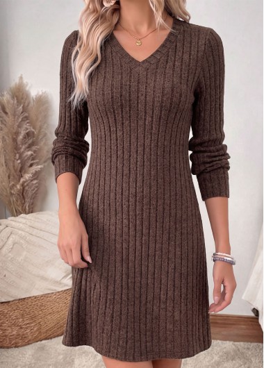 women clothes image of Dark Coffee Short Tummy Coverage Long Sleeve Dress