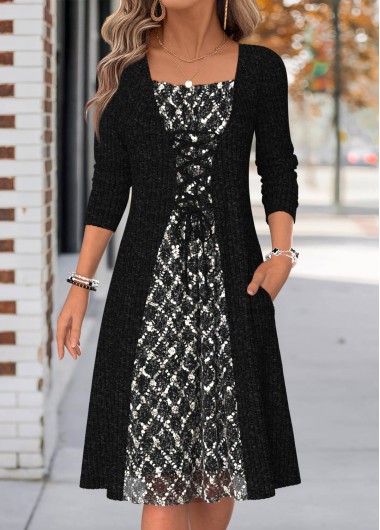 women clothes image of Black Fake 2in1 Long Sleeve Square Neck Dress