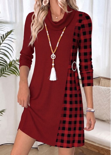 women clothes image of Red Plaid Short Fake 2in1 Long Sleeve Dress