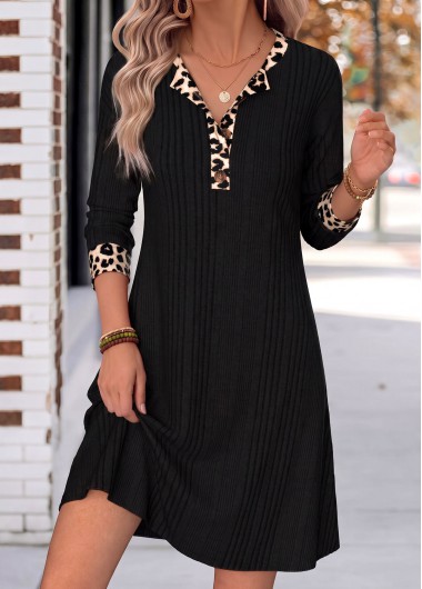 women clothes image of Black Leopard Short Patchwork Long Sleeve Split Neck Dress