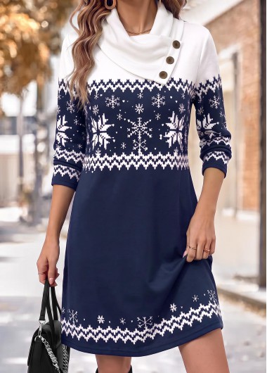 women clothes image of Navy Snowflake Print Tummy Coverage Long Sleeve Dress